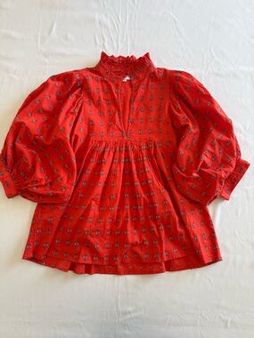 Red Printed Ruffle-Neck Blouse - Women
